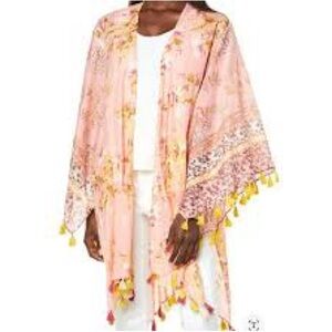 Aratta Pink Floral Tassel Kimono Wrap with Yellow Trim